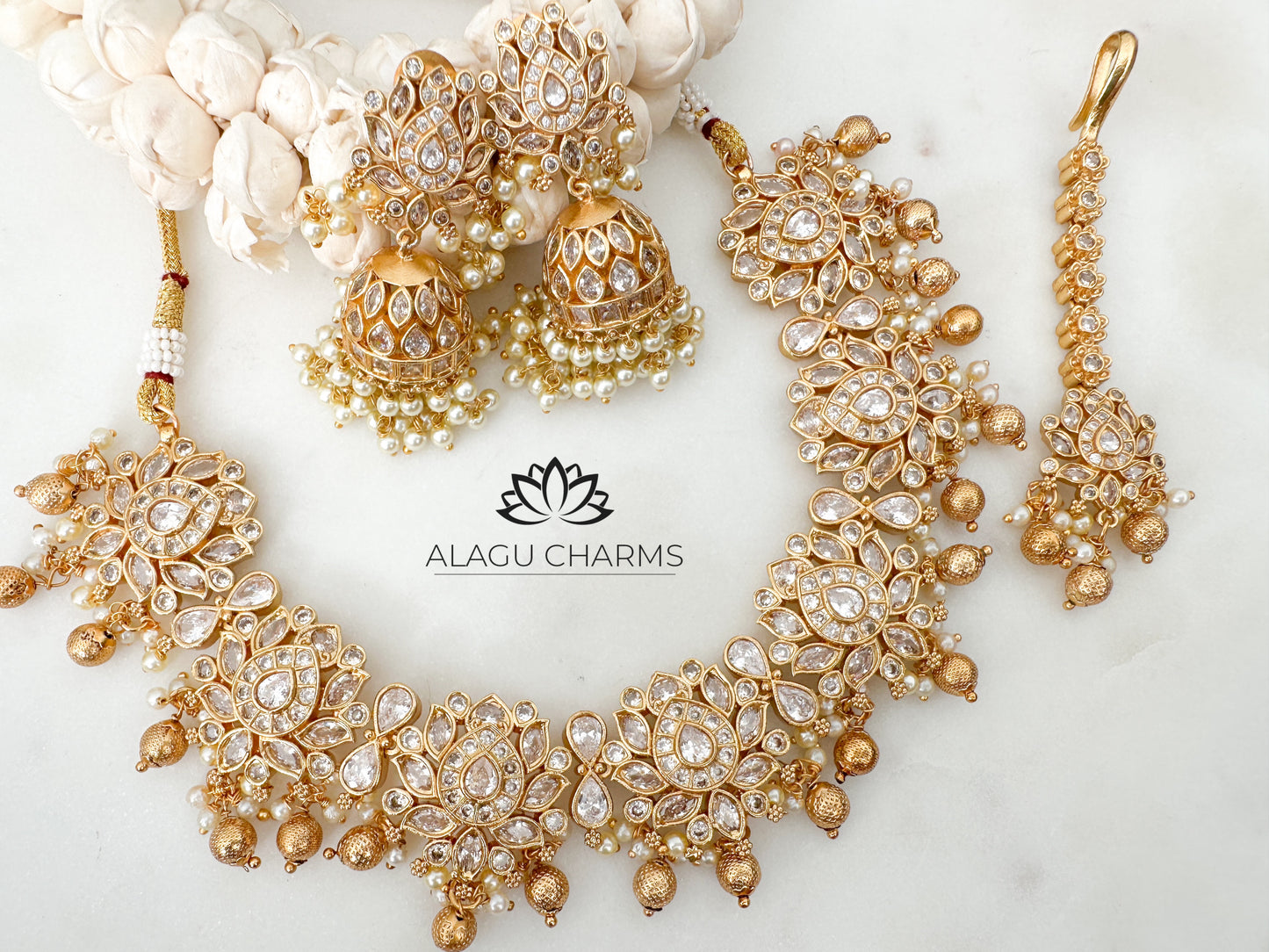 Exquisite Lotus Necklace Set (+tikka) - Clear stones