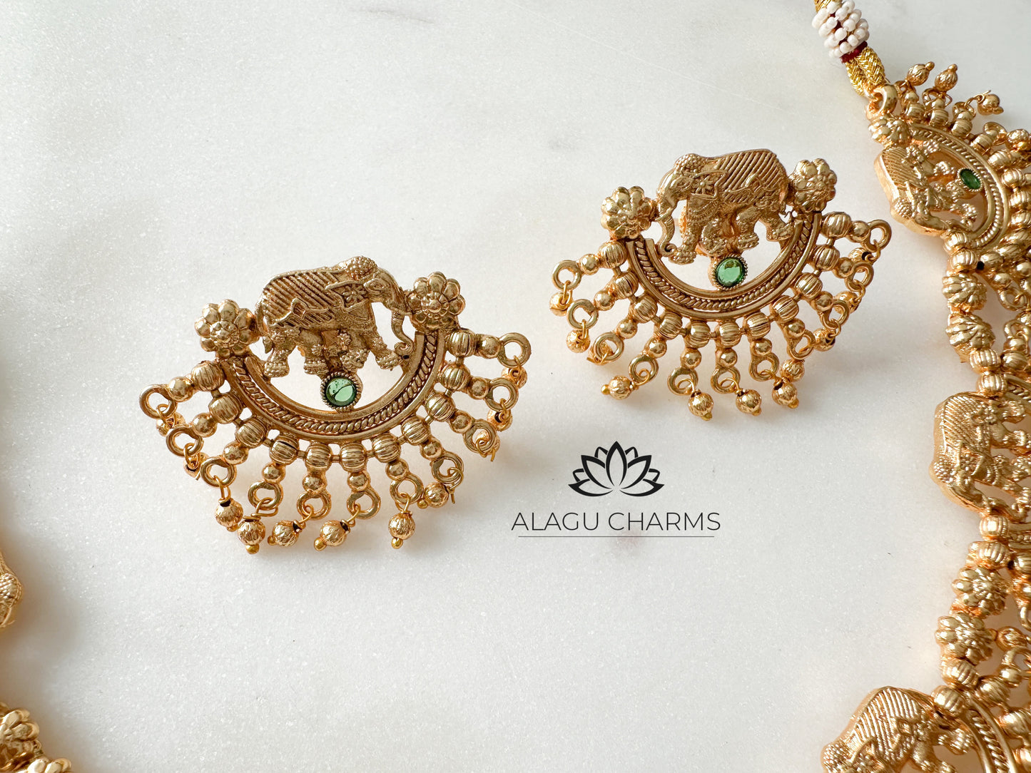 Antique Gold Elephant Necklace with Green Stones
