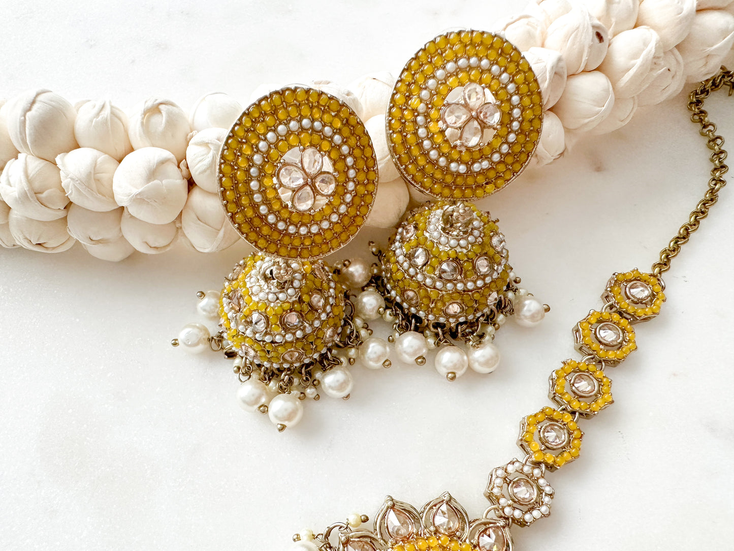 Liya- Yellow Polki Jhumka with matching tikka