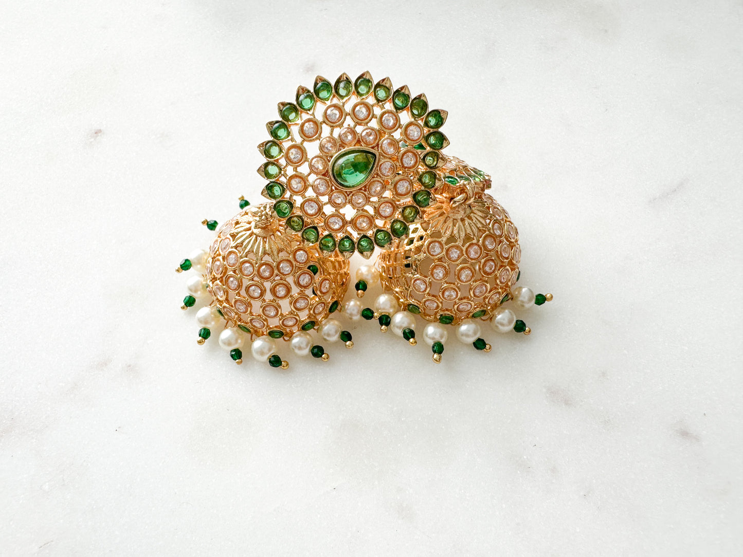 Gold Jhumka with Polki stones and green details