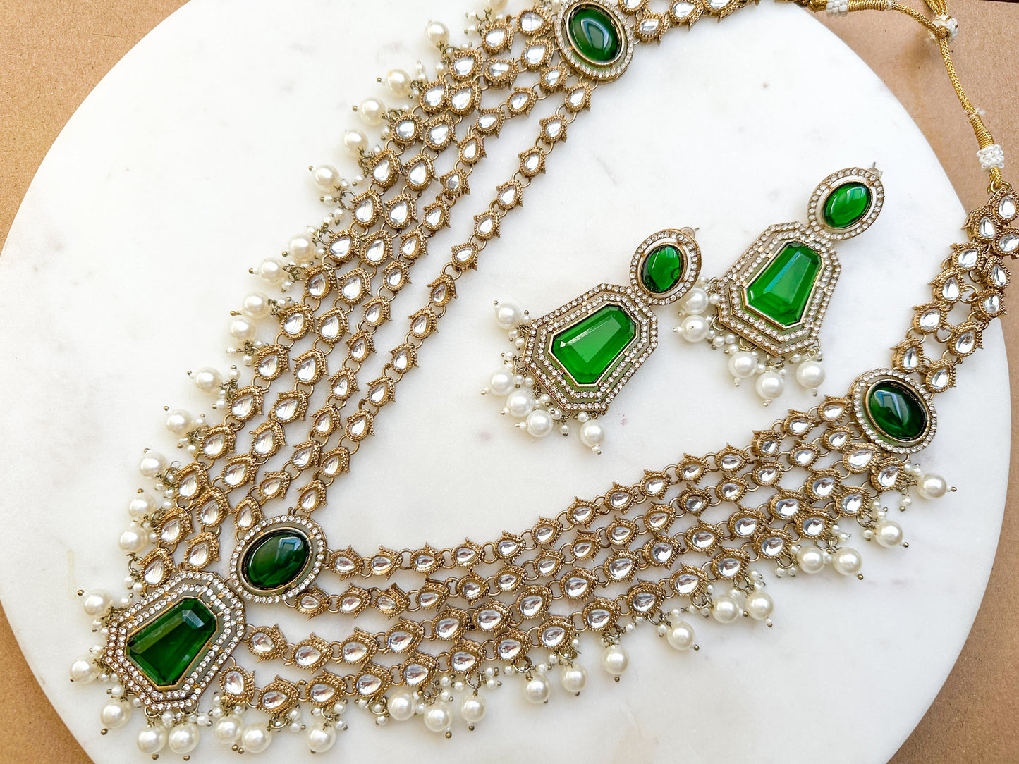 Kundan long chain set with emerald stones
