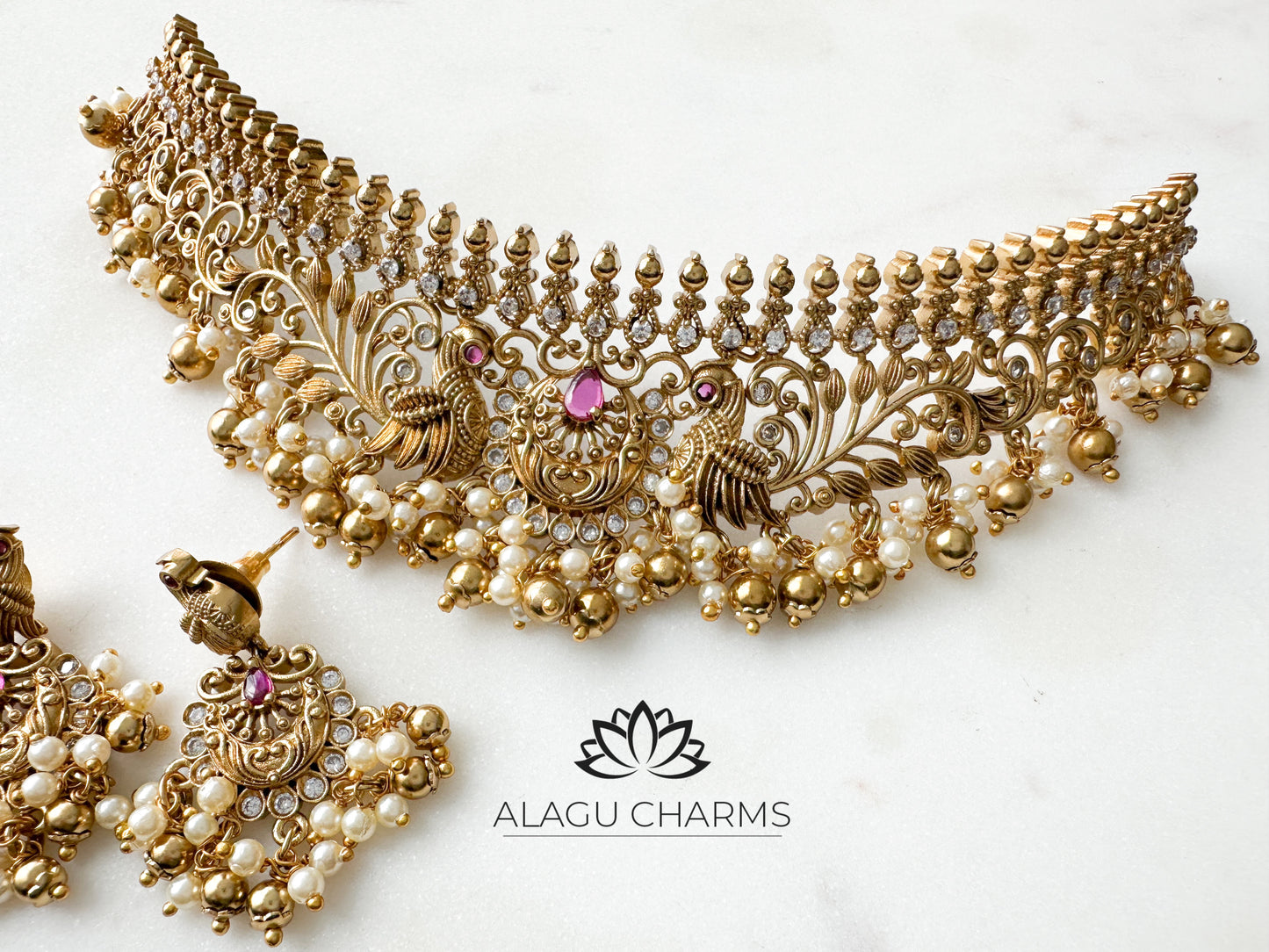 Anjali- Antique gold Choker Set (red stone)