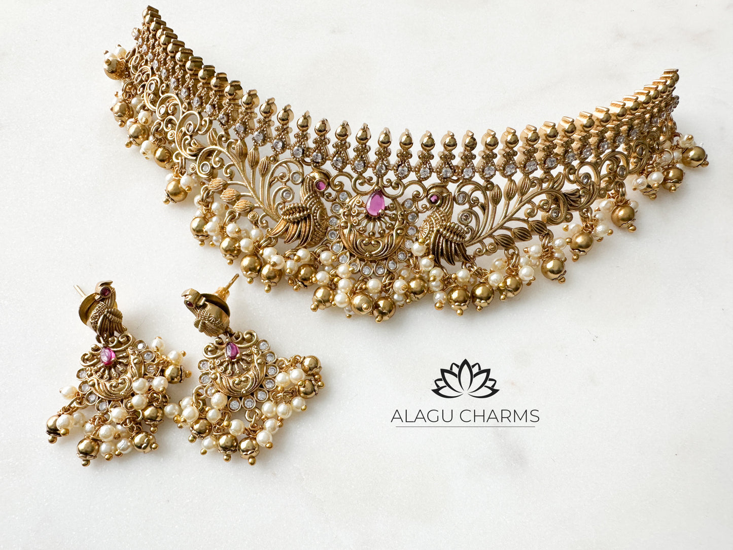 Anjali- Antique gold Choker Set (red stone)