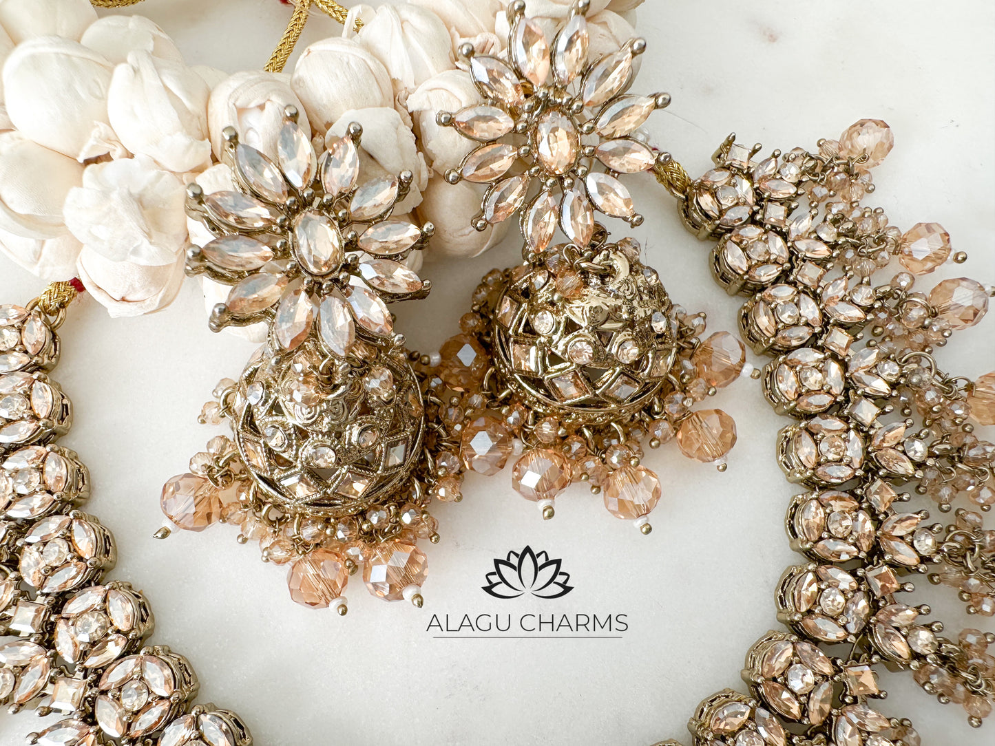 Polki Necklace Set with Brownish Crystal Beads