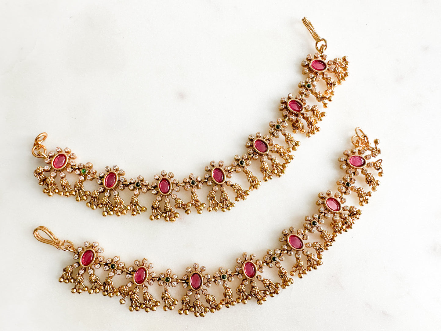 antique gold ear chain with ruby green stones