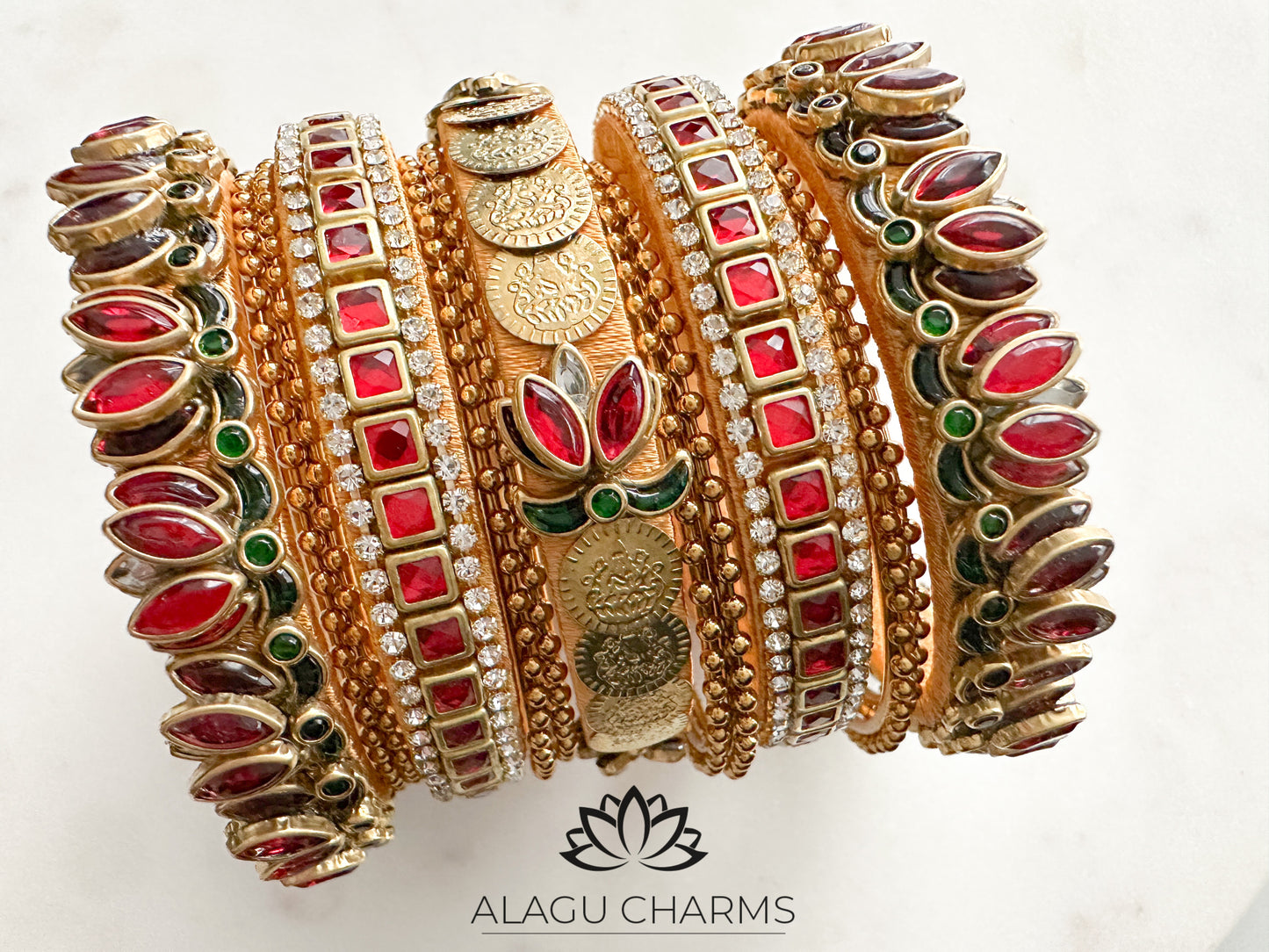 Lotus Bangles Set for both arms (Red Green)