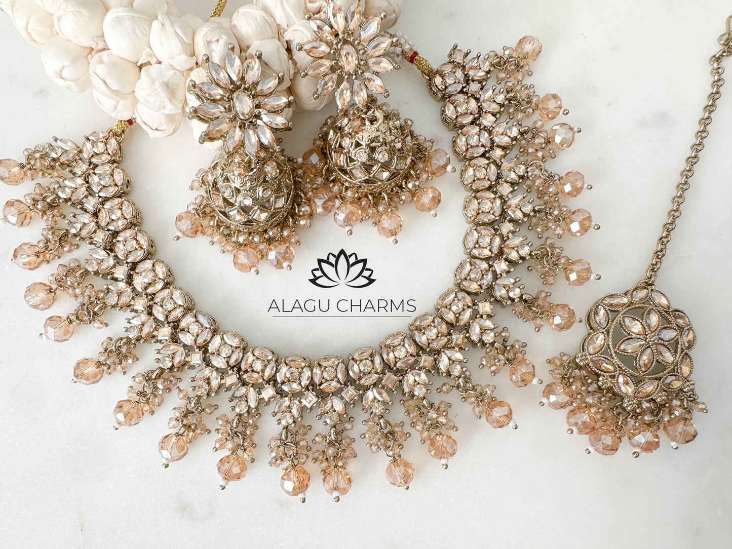 Polki Necklace Set with Brownish Crystal Beads