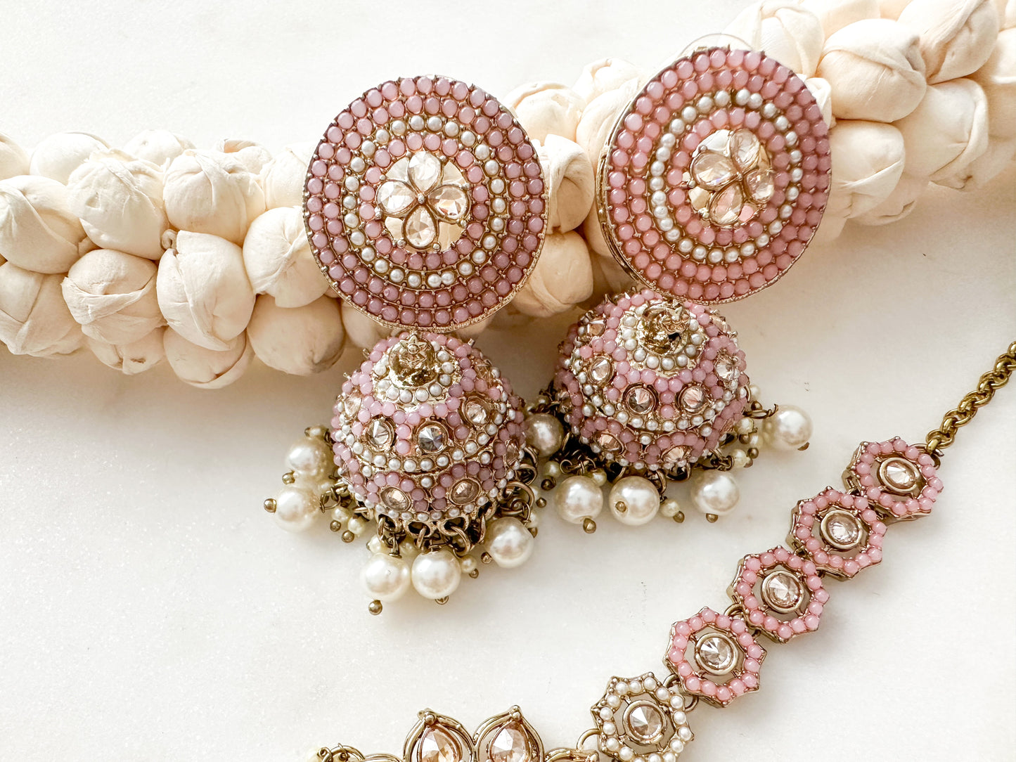 Liya- Light pink Polki Jhumka with matching tikka