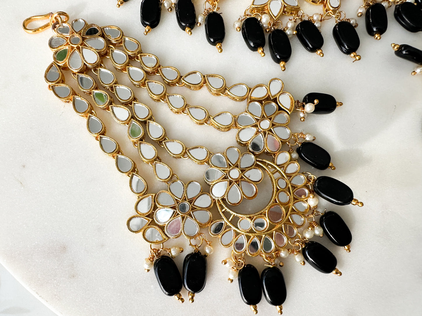Mirror Work Full Necklace Set with Black Beads