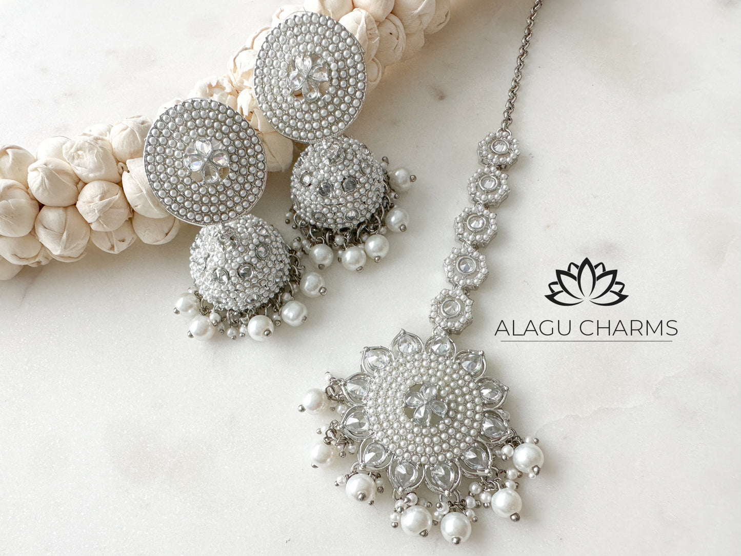 Liya- Silver polished Polki Jhumka with matching tikka