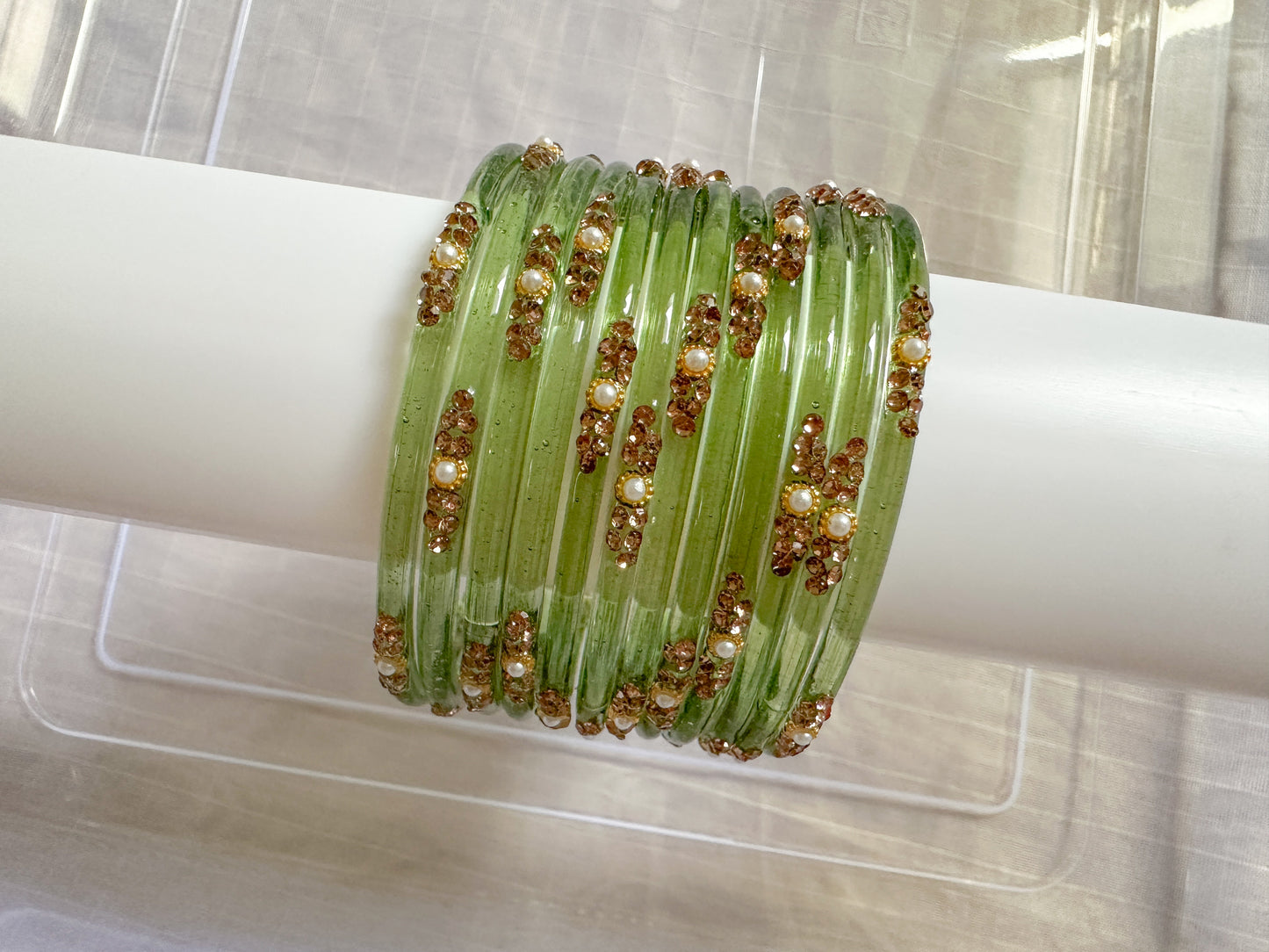 Glass Bangles with pearls & stones (light green )