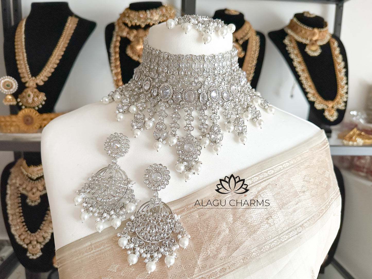 Majestic Polki bridal set with silver finish