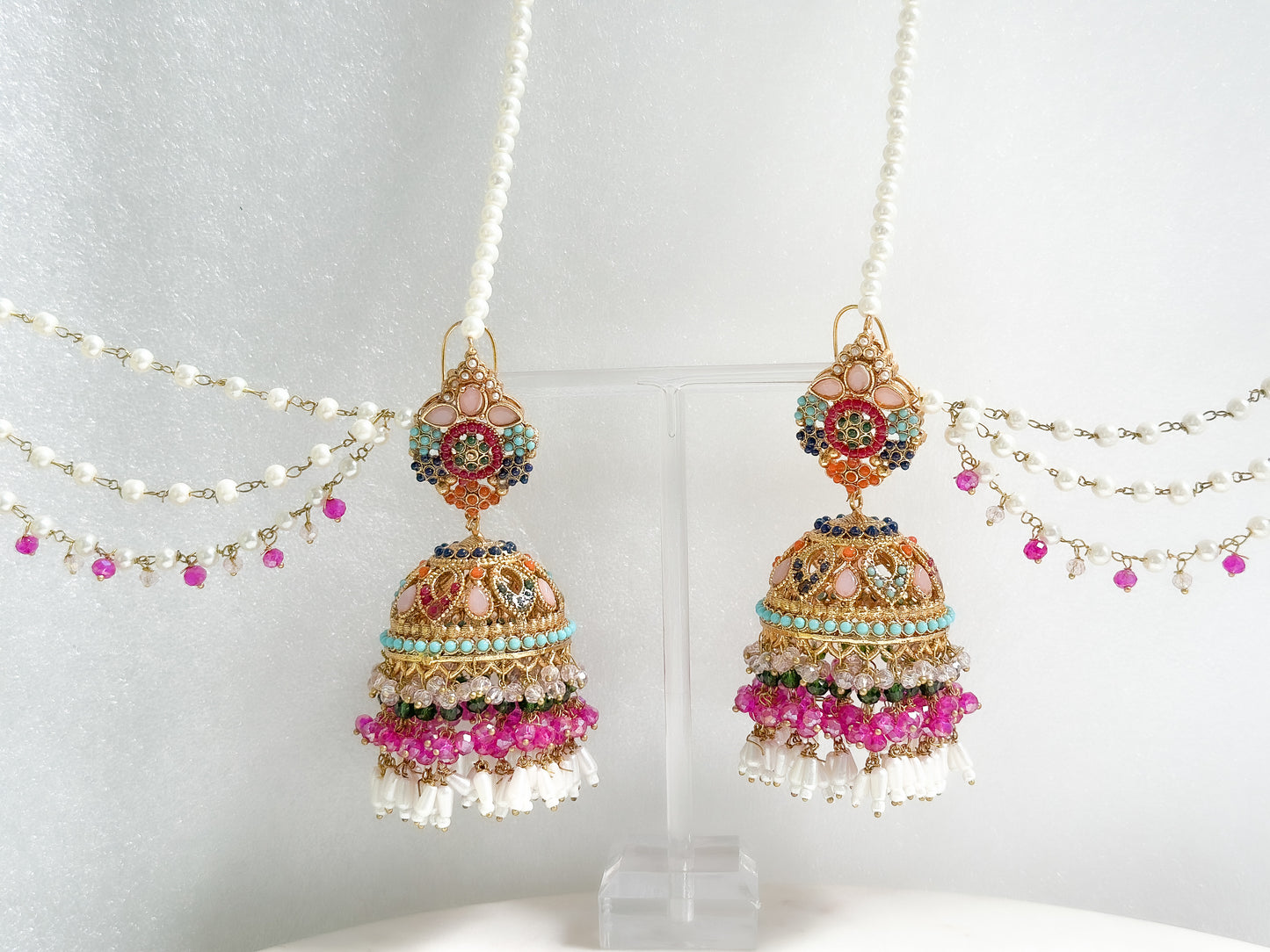 AMAYA - Pakistani Jhumka with ear chain (pink multi)