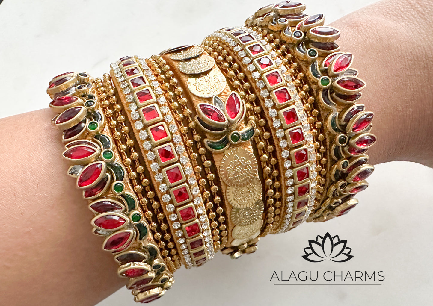Lotus Bangles Set for both arms (Red Green)