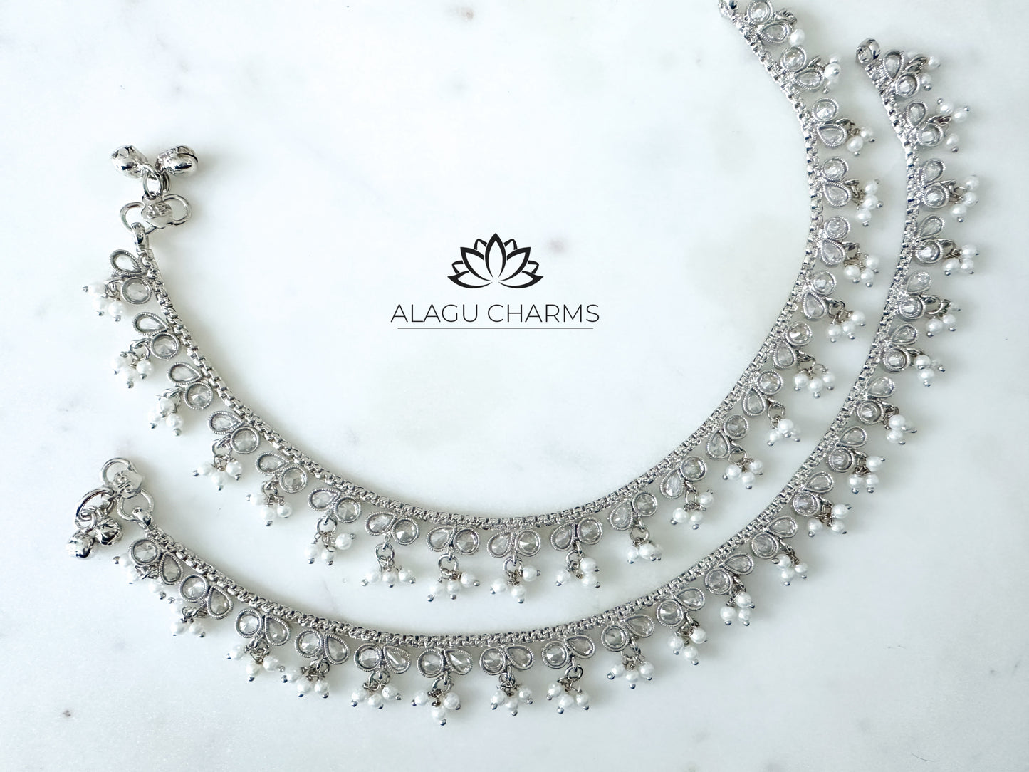 Silver anklets with Polki stones