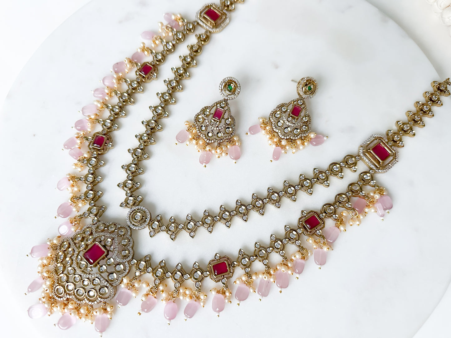 Victorian statement long chain set with ruby stones and pastel pink beads