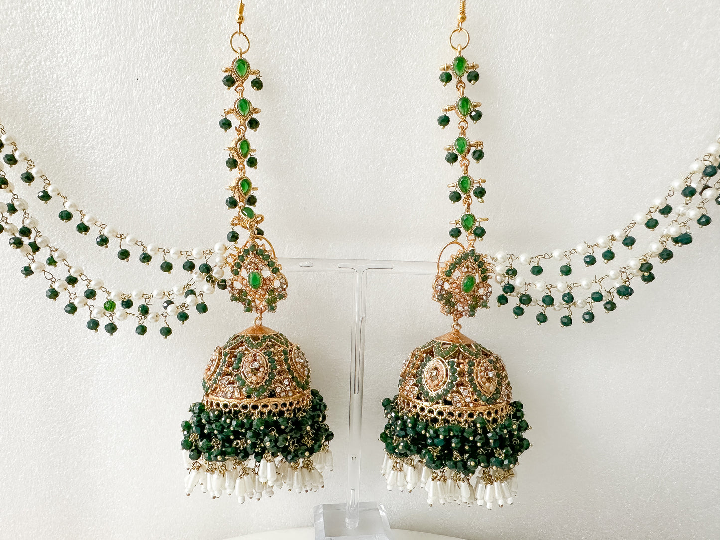 AMAYA - Pakistani Jhumka with ear chain (green)