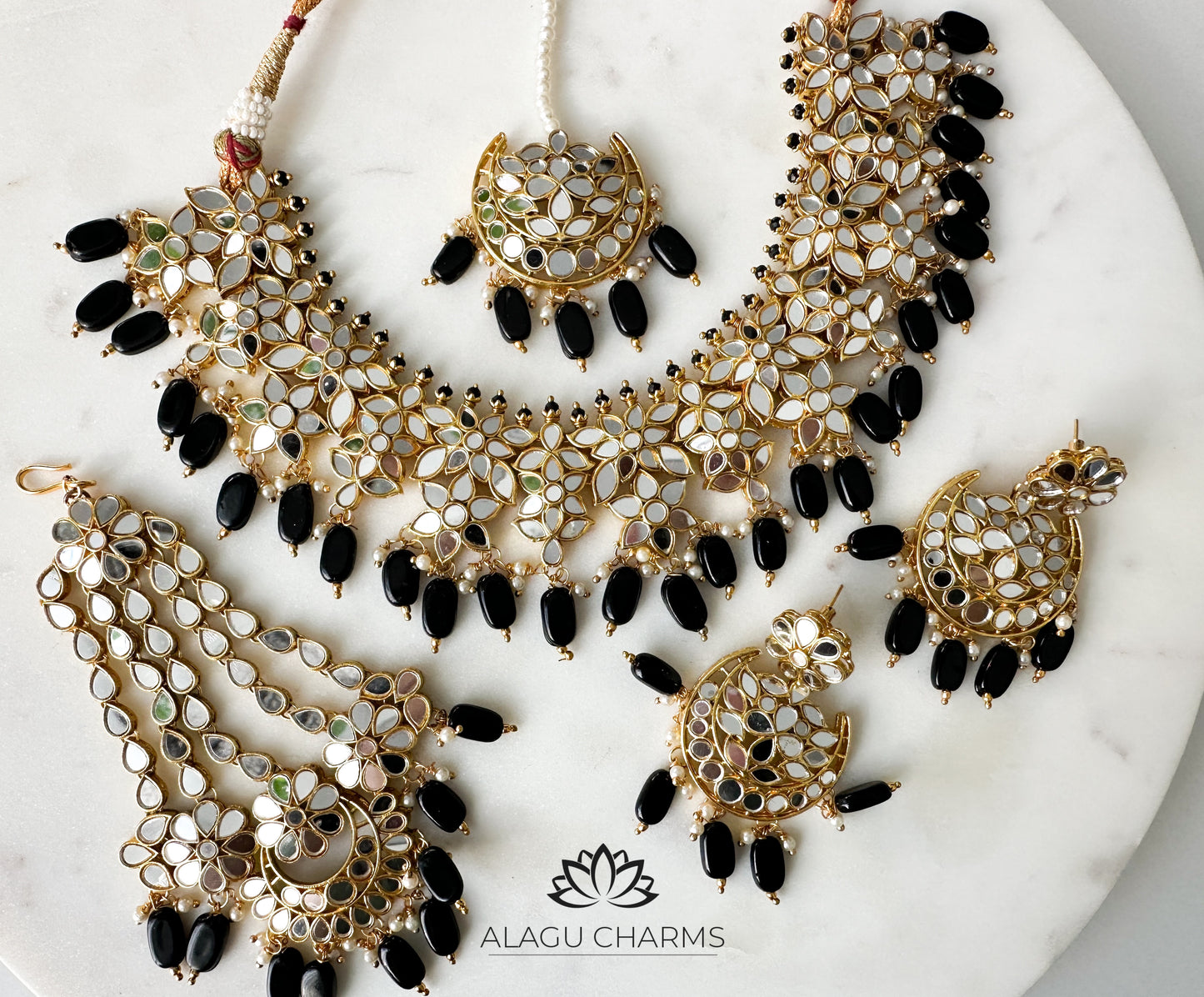 Mirror Work Full Necklace Set with Black Beads