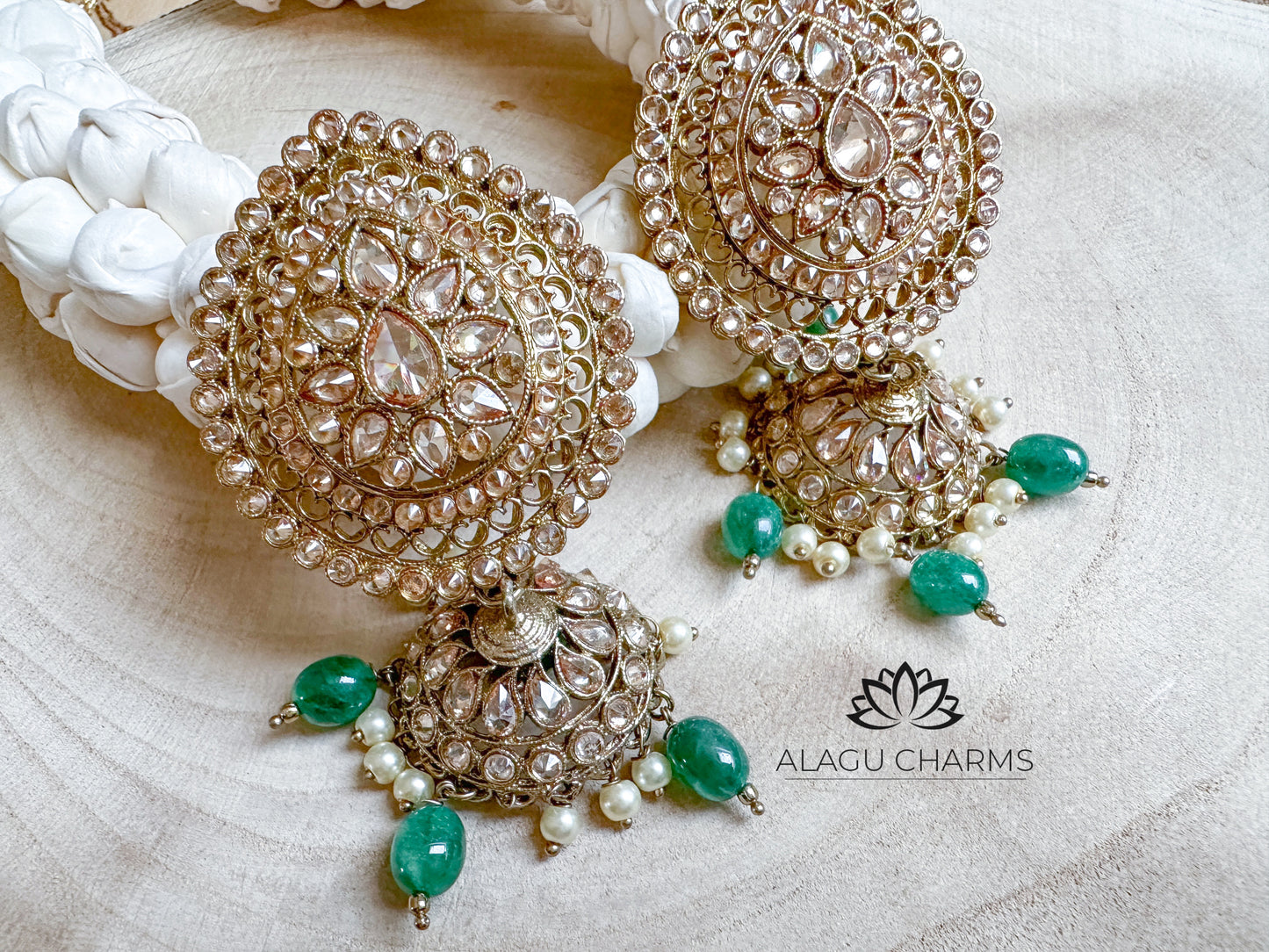 Big Polki Jhumka with Green Beads