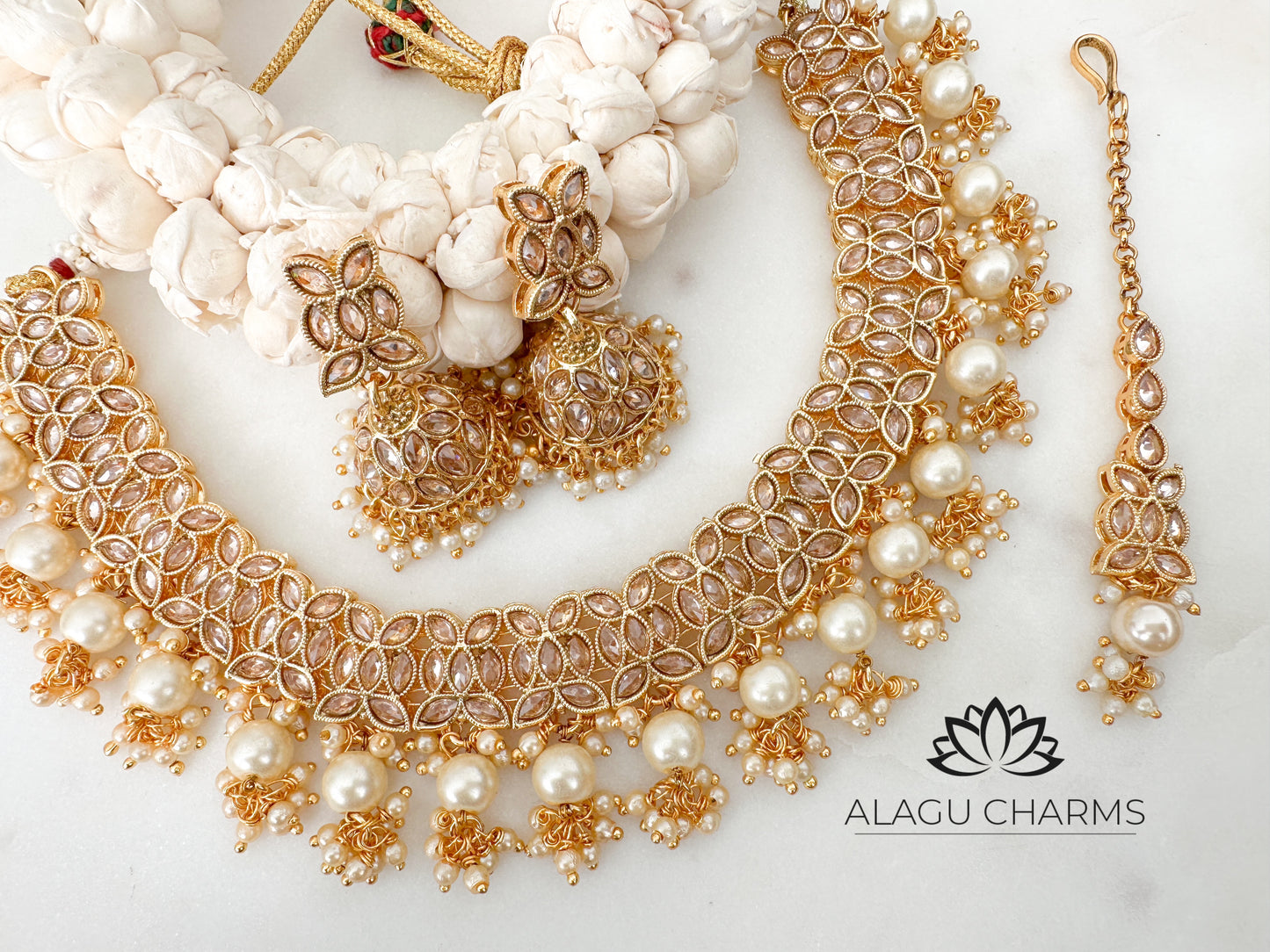 Gold Necklace Set with Polki Stones