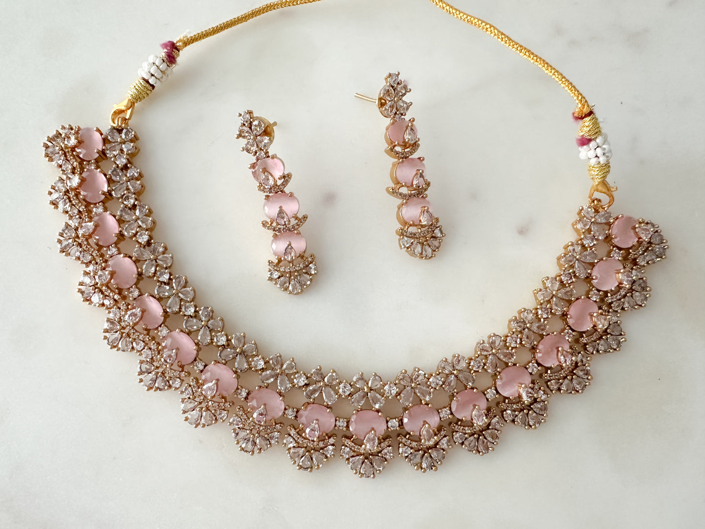 Cinderella- AD Necklace Set with light pink stones