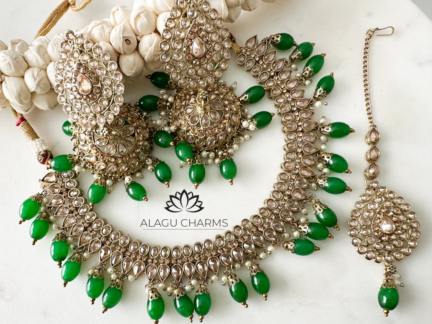 Elegant Polki Necklace Set with green beads