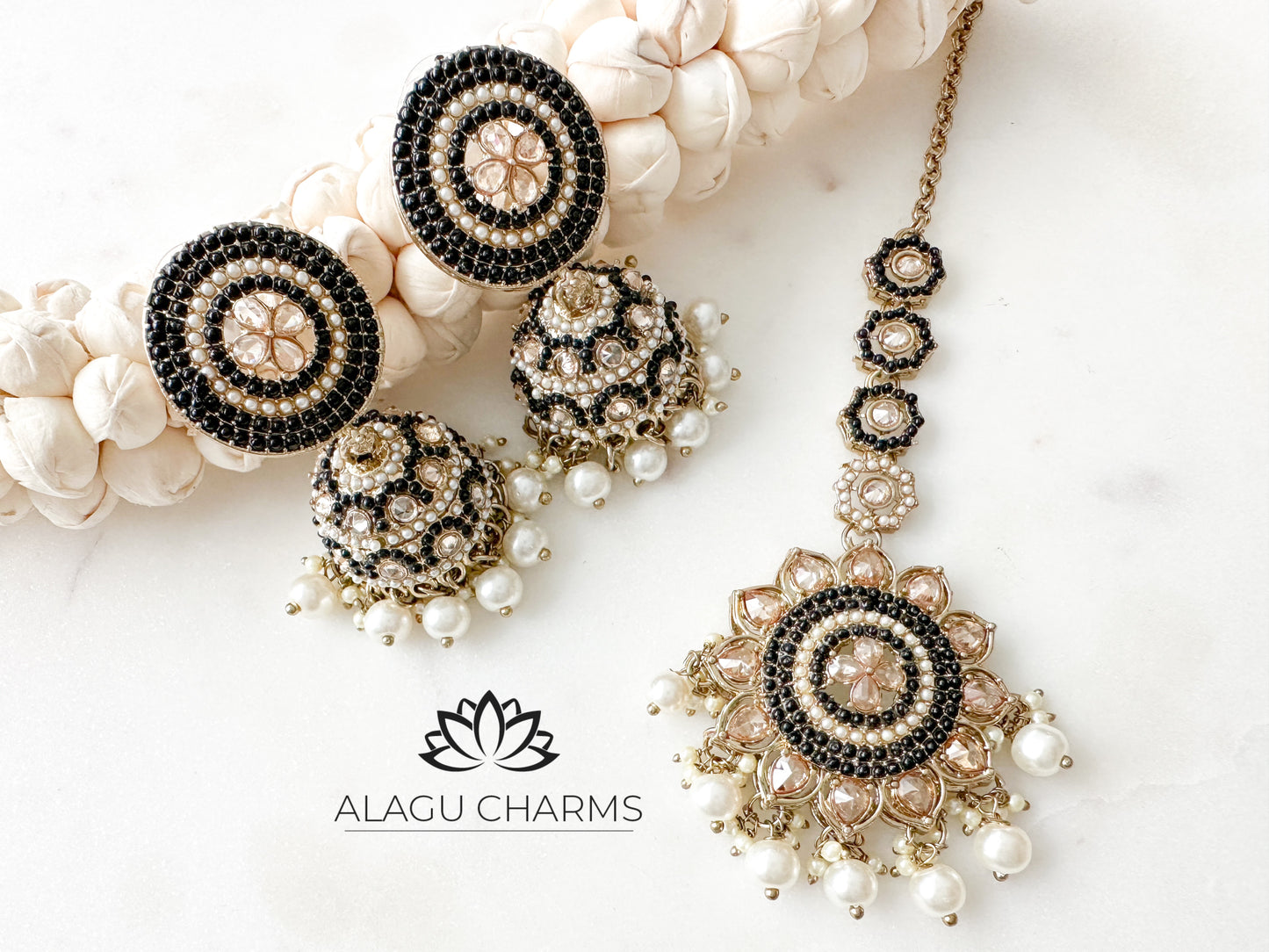 Liya- Black Polki Jhumka with matching tikka