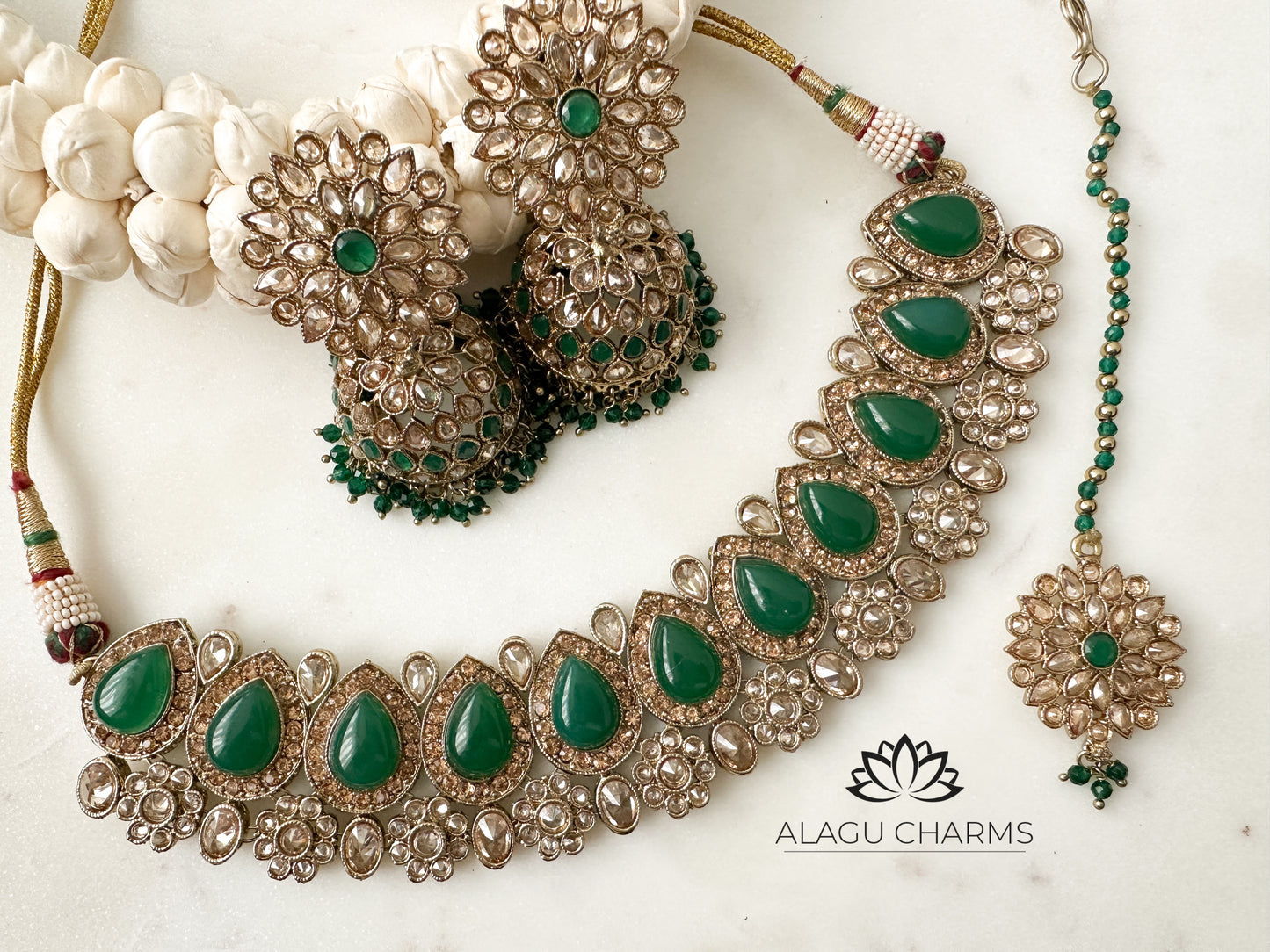 Polki Choker Set with Emerald Green Details