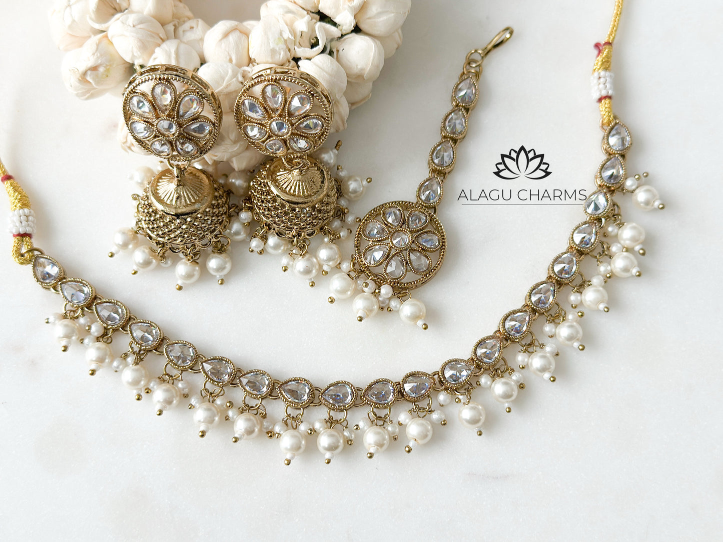 Polki Necklace / Choker Set with clear stones and beads