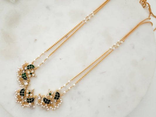 Jadau Kundan double line Long chain (Green stone)