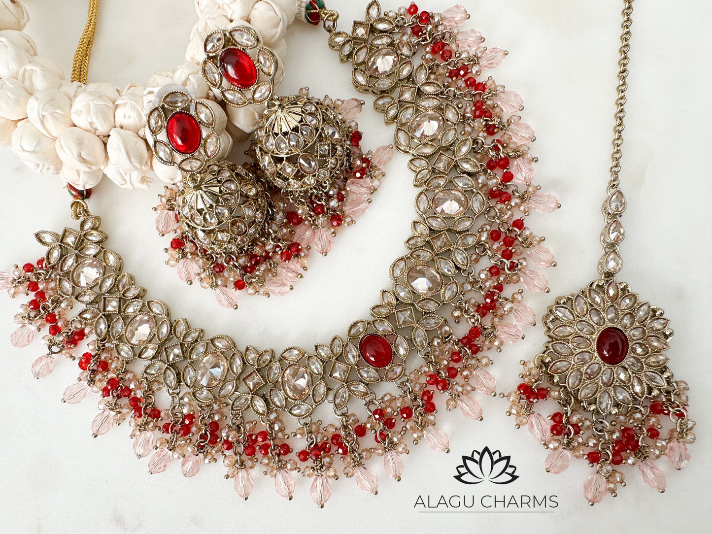 Neela- Polki Necklace Set with ruby & Light pink details
