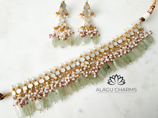 Varu- Mother of Pearl Choker Set with Mint beads