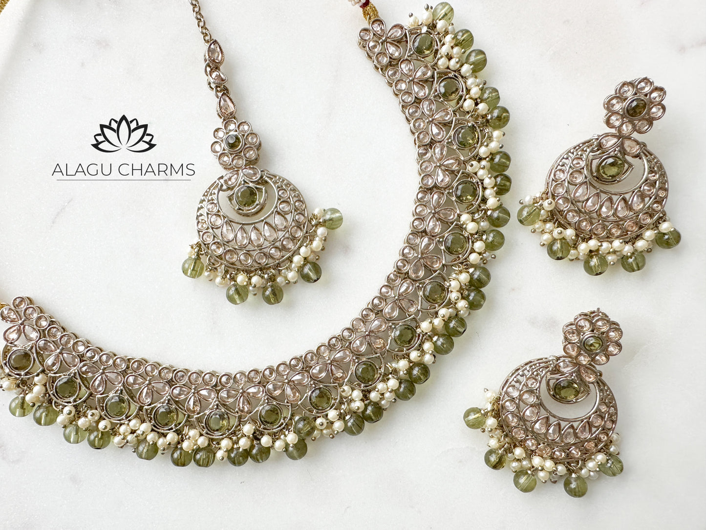 Aysha- Olivegreen Polki Necklace Set