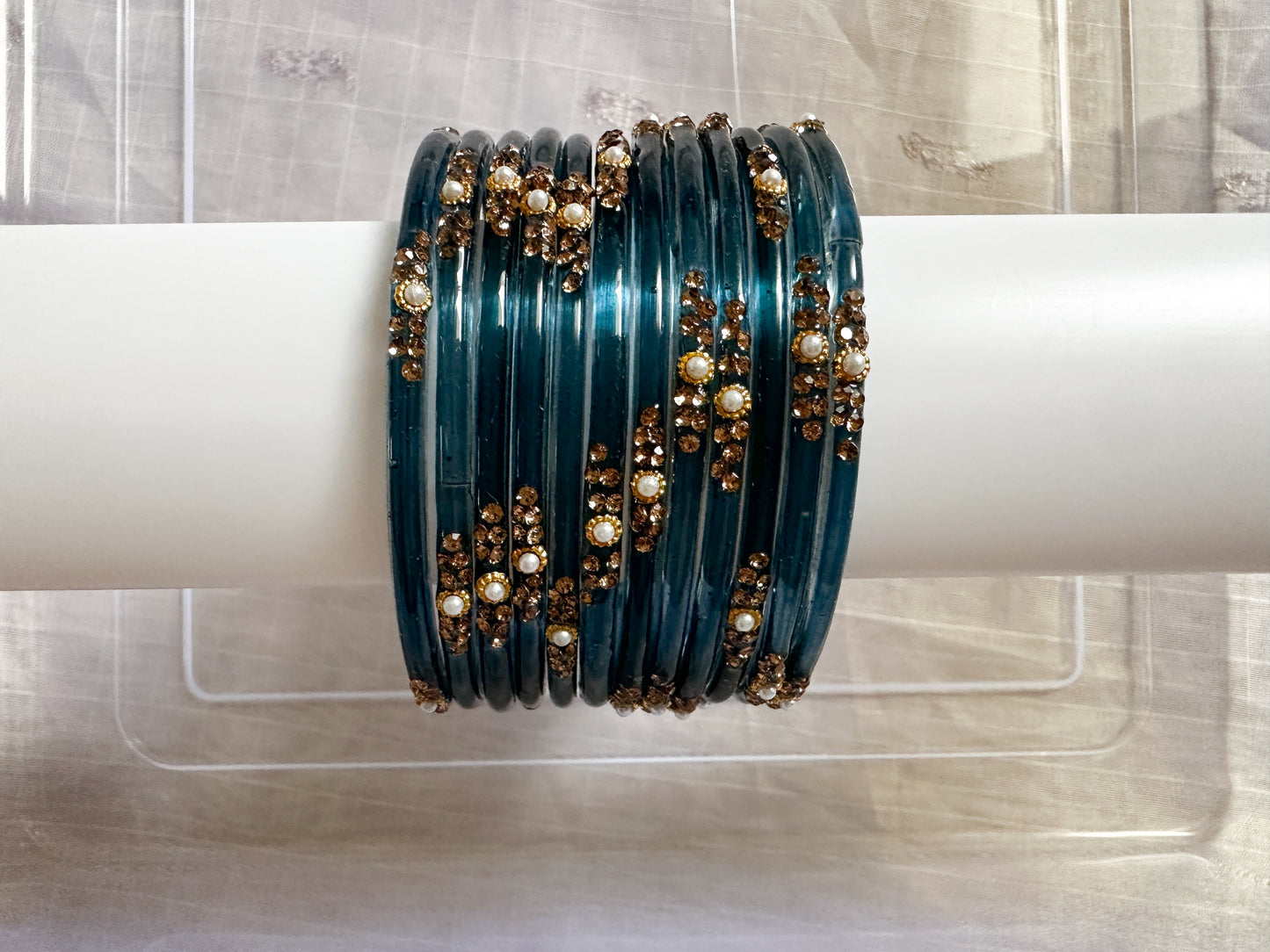 Glass Bangles with pearls & stones (Greyish Blue)