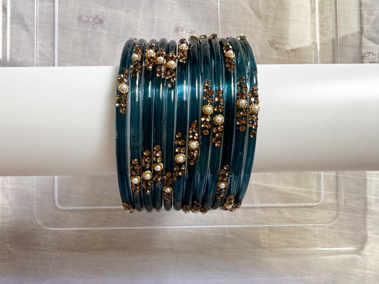 Glass Bangles with pearls & stones (Greyish Blue)