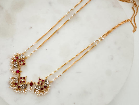 Jadau Kundan double line Long chain (ruby stone)