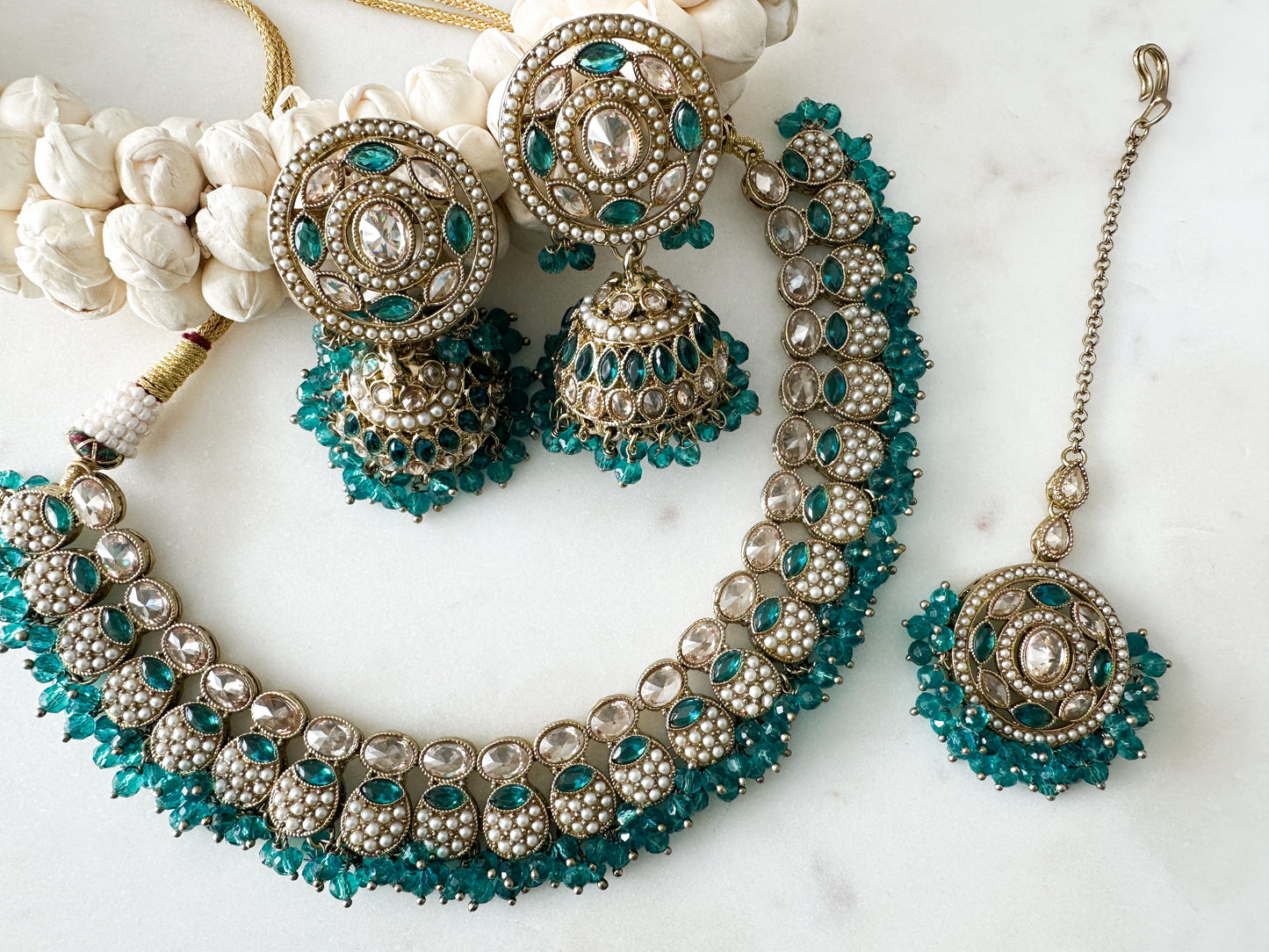 Veena - Polki Necklace Set with Teal details