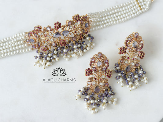 LIYANA- Pearl choker set (grey purple)