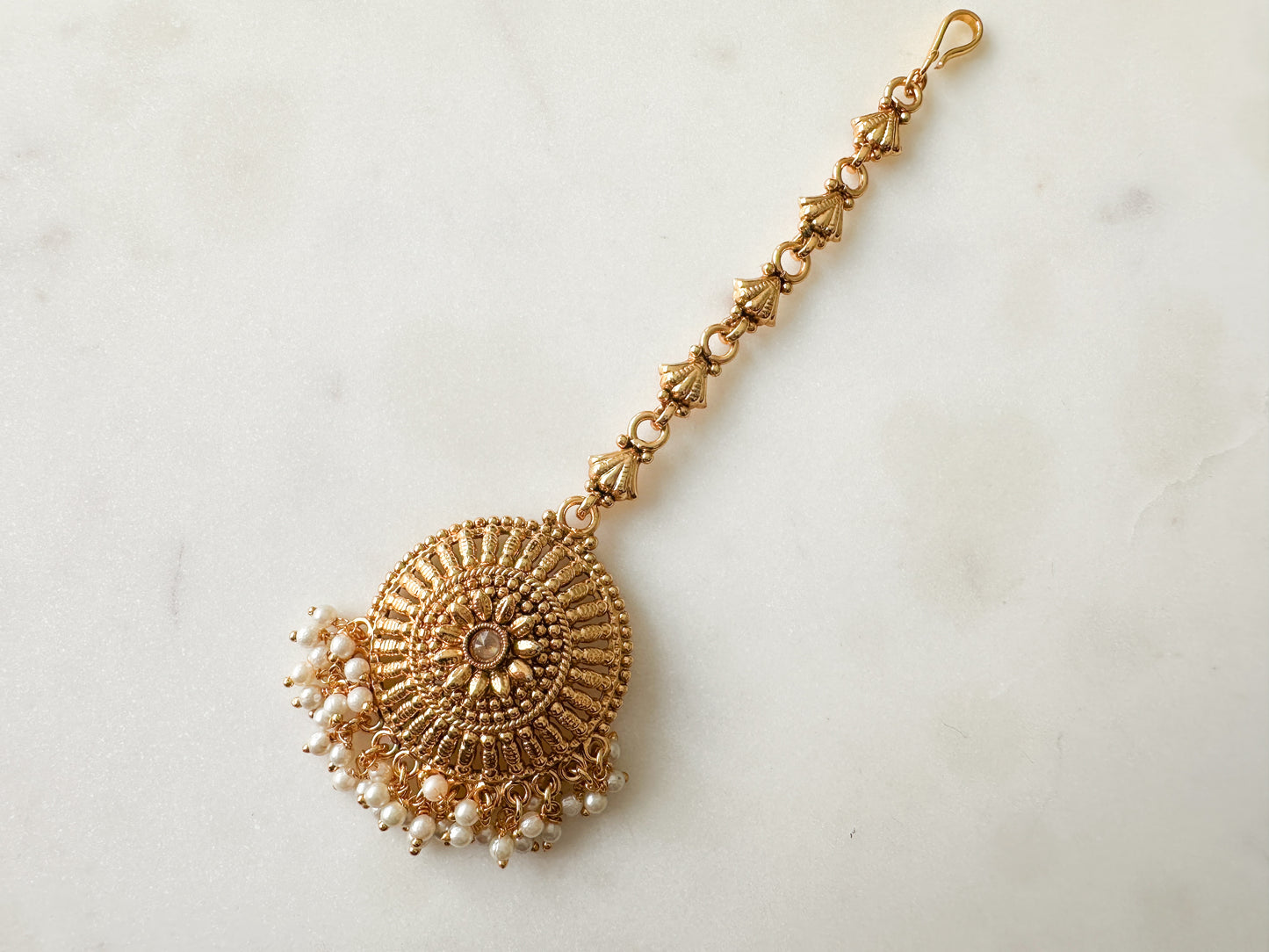 Antique gold tikka with clustered pearls