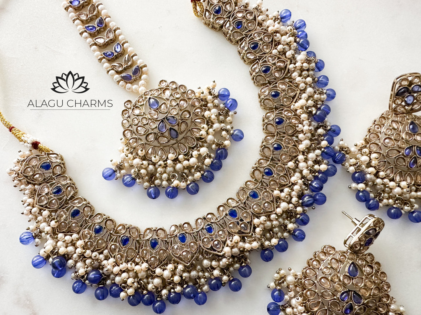 MAHI - Polki Necklace Set with blue details