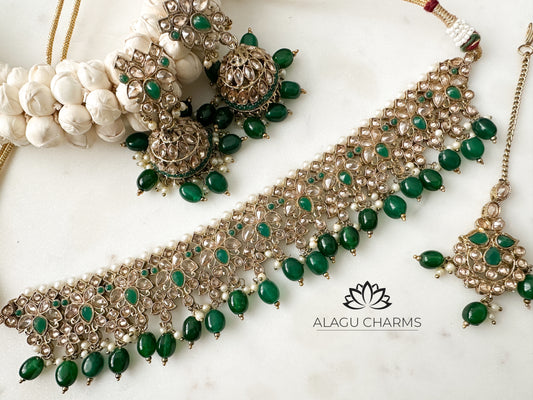 MAHA - Elegant Polki Choker Set with Emerald Green Details