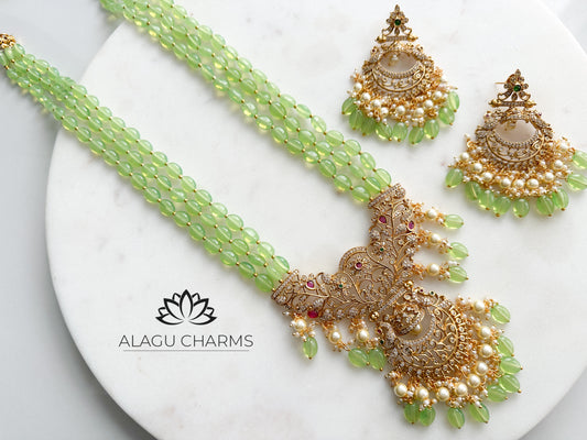 Vajira- Statement long chain set with light green beads