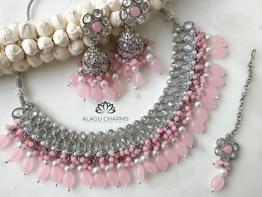 Silver Polki necklace set with light pink details