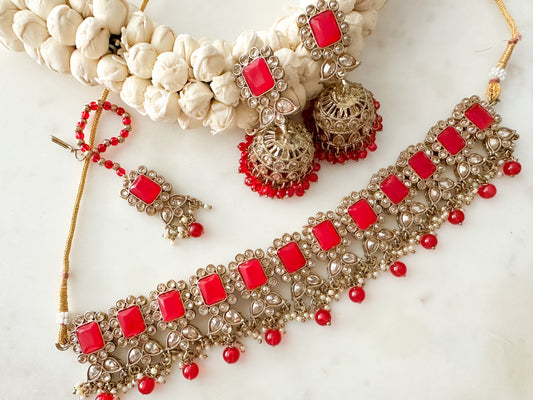 Abisha- Polki Choker Set (red)