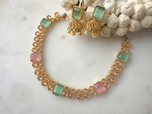 Necklace set with light green& pink stones