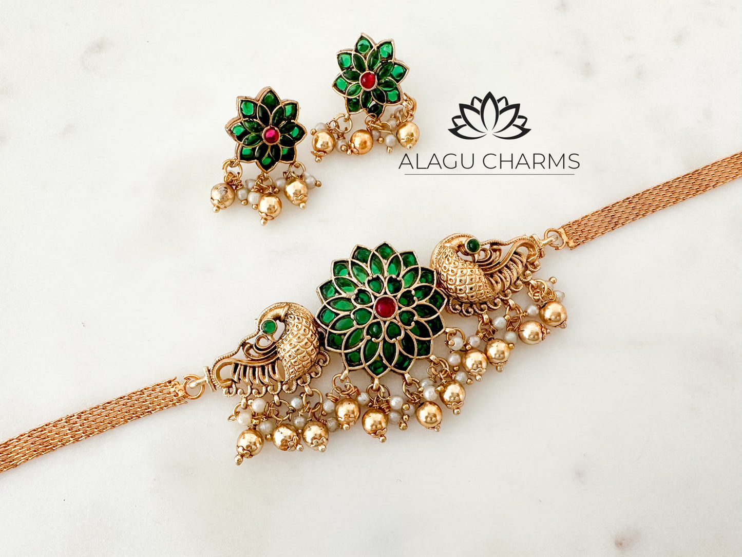 Traditional Choker Set with Flower and Peacock motifs (green ruby)