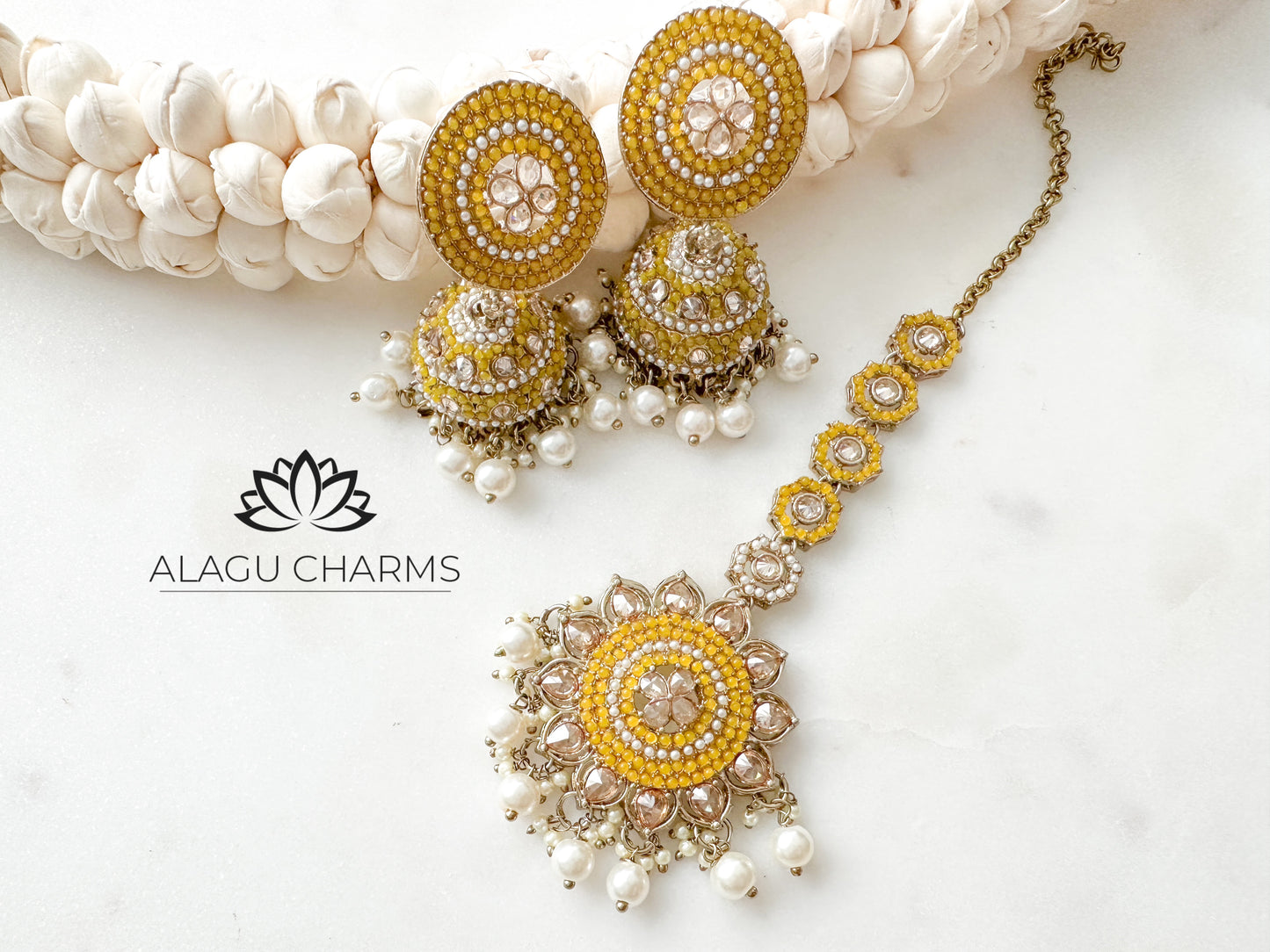 Liya- Yellow Polki Jhumka with matching tikka