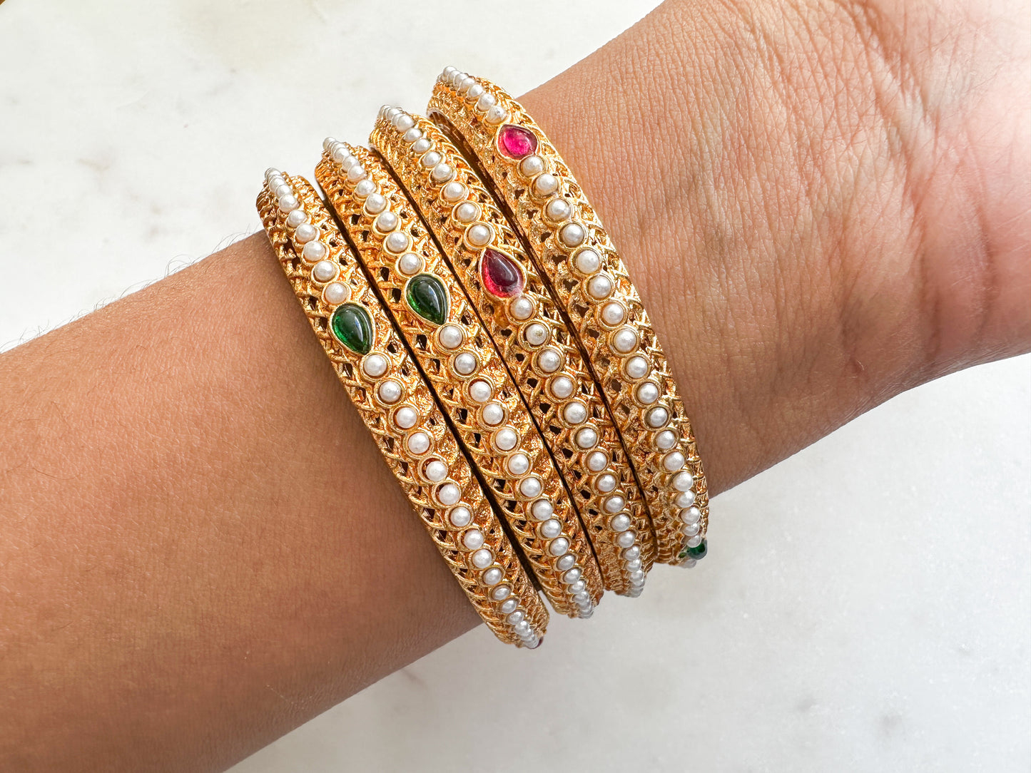 Gold Statement Bangles (Ruby Green)