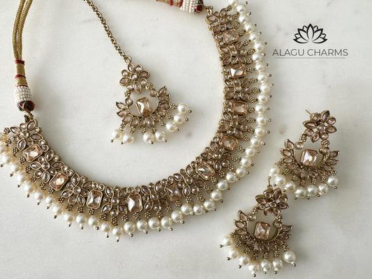 Elegant Polki Necklace Set with white Beads