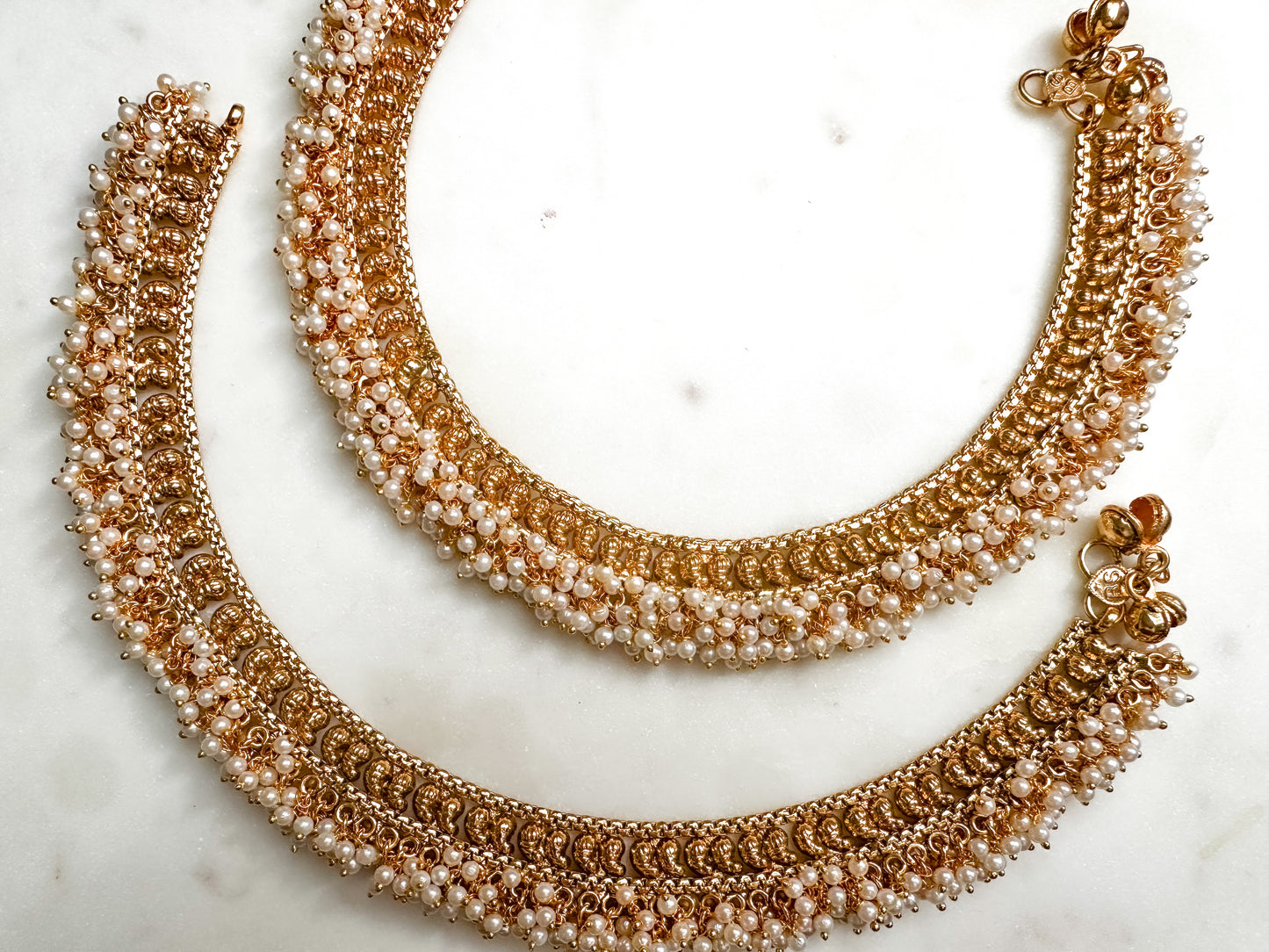 Thajani- Antique gold Bridal Anklets with dangling pearls